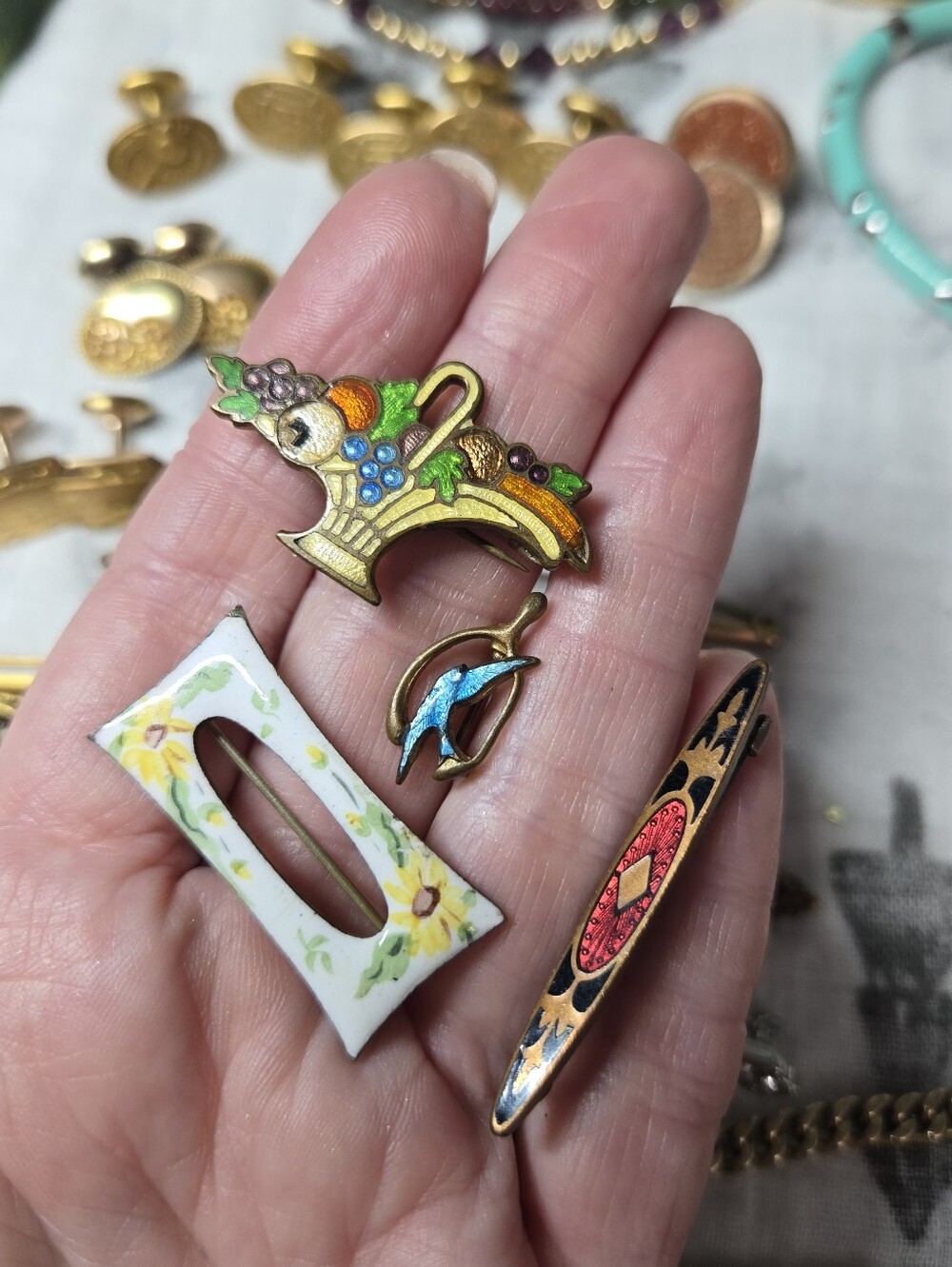 Vintage Gold Enamel Hair Accessories with Green, Blue & Orange Accents